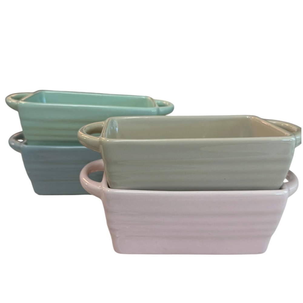Martha Stewart Stoneware Mini Loaf Pan Set of 4 Pastel Mint Pink Blue Baker 5.1"